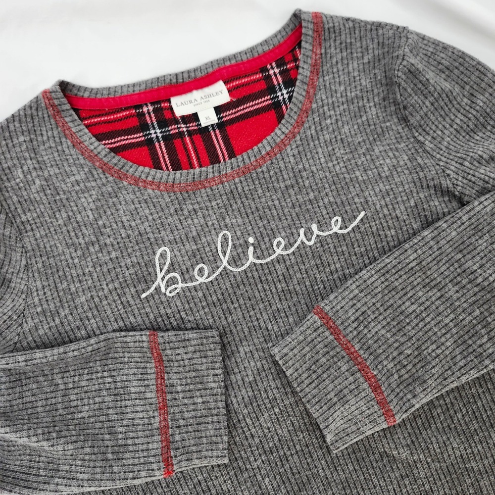 Laura Ashley Women Festive Warm Holiday Cozy Top XL Gray Ribbed Flannel Believe